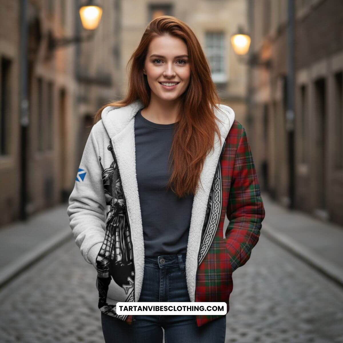 MacLean (McLean) Tartan Clan Crest Sherpa Hoodie with Highlander Warrior Celtic Style