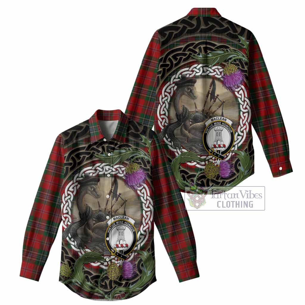 MacLean (McLean) Tartan Crest Bagpipe Nessie Women Casual Shirt Scottish Loch Ness Monster Celtic Thistle