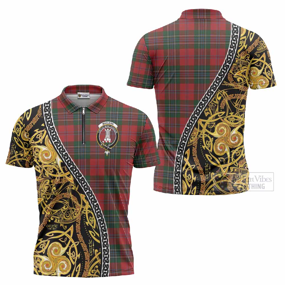 MacLean (McLean) Tartan Crest Zipper Polo Shirt Celtic Knot and Triple Trickle Spiral Symbols