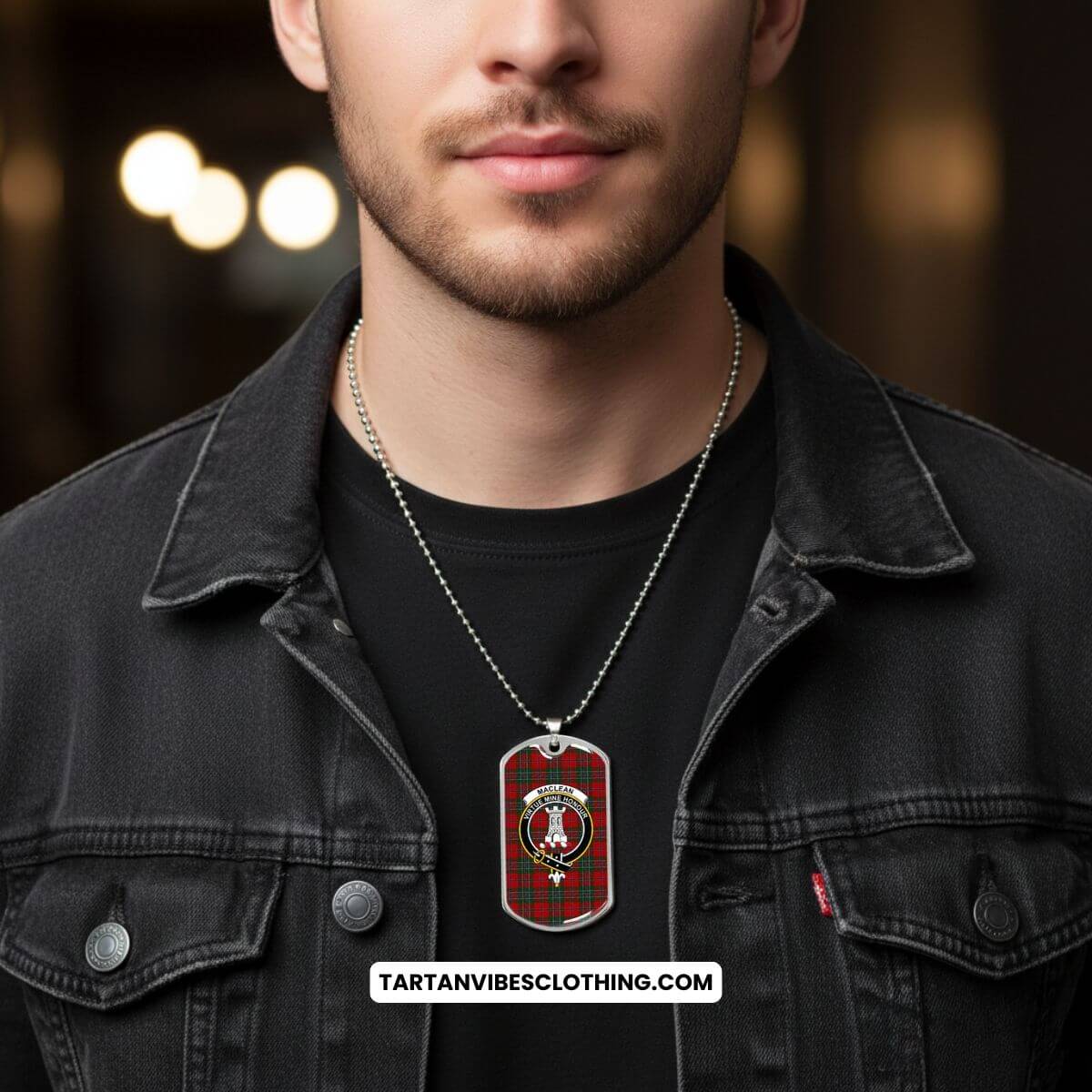 MacLean (McLean) Tartan Dog Tag Necklace with Family Crest