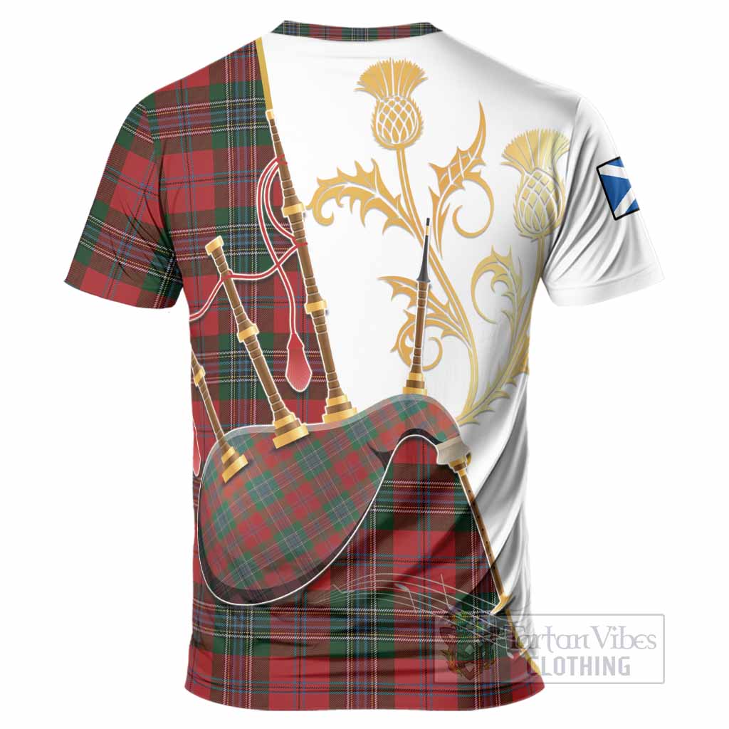 MacLean (McLean) Tartan Family Crest T-Shirt Bagpipes with Scottish Thistle