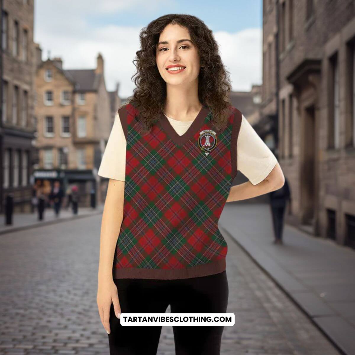 MacLean (McLean) Tartan Knitted V-Neck Vest with Family Crest Cross Style