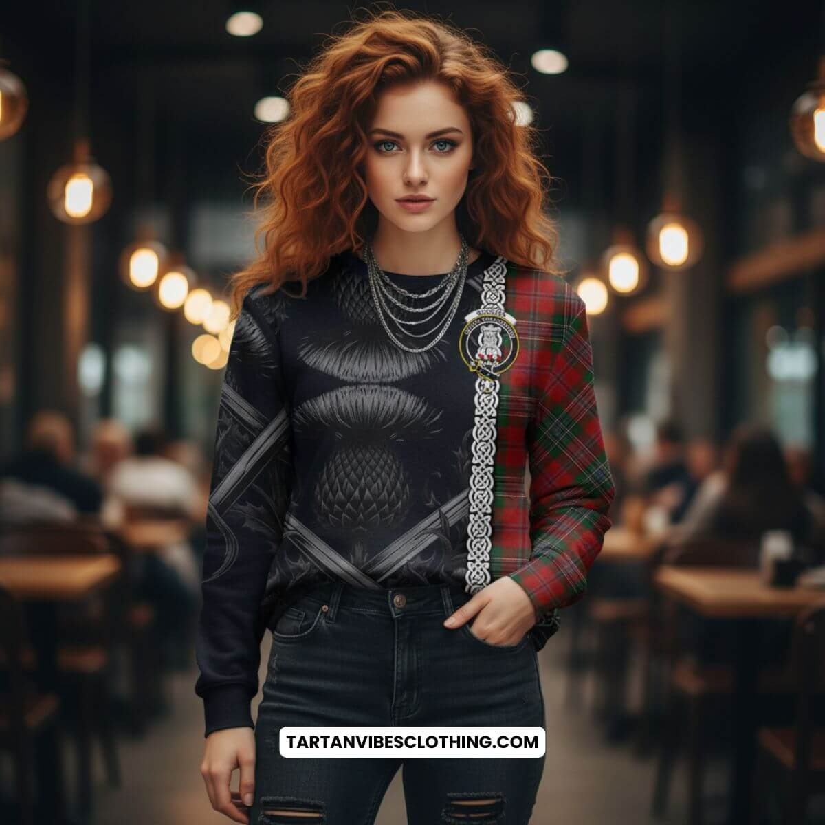 MacLean (McLean) Tartan Sweatshirt with Family Crest Cross Sword Thistle Celtic Vibes