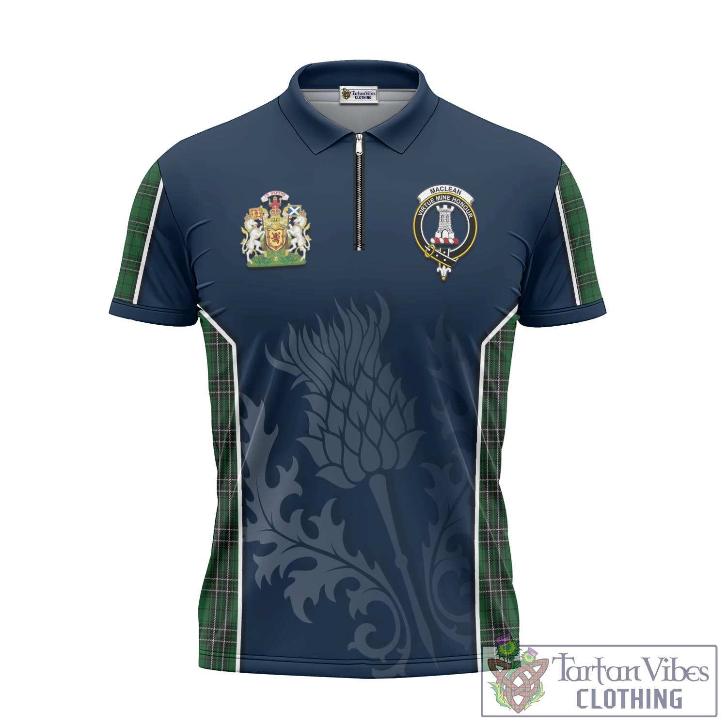 Tartan Vibes Clothing MacLean of Duart Hunting Tartan Zipper Polo Shirt with Family Crest and Scottish Thistle Vibes Sport Style