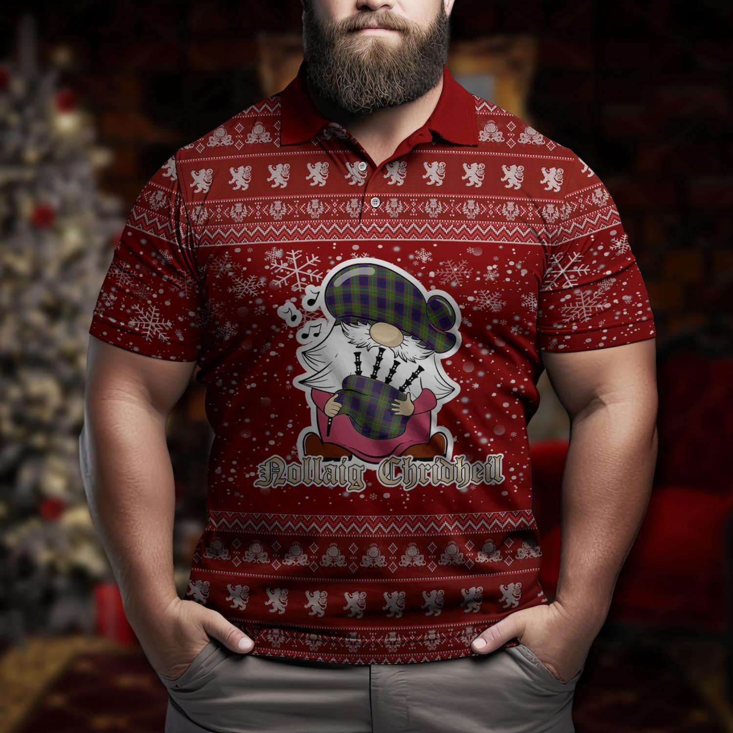 MacLeish Clan Christmas Family Polo Shirt with Funny Gnome Playing Bagpipes Men's Polo Shirt Red - Tartanvibesclothing