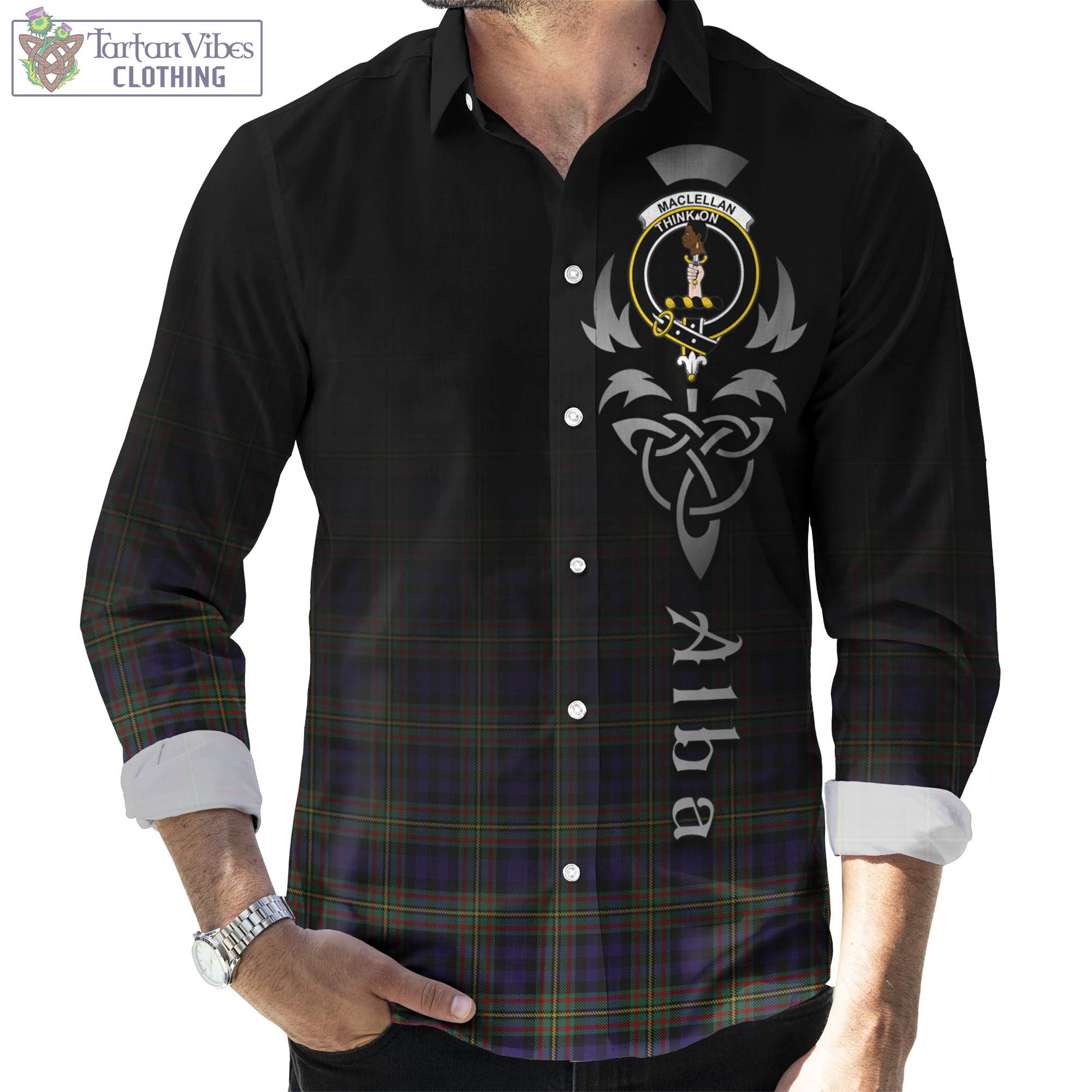Tartan Vibes Clothing MacLellan Tartan Long Sleeve Button Up Featuring Alba Gu Brath Family Crest Celtic Inspired