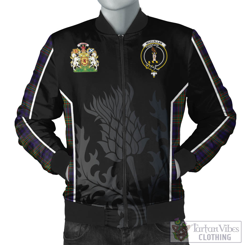 Tartan Vibes Clothing MacLellan Tartan Bomber Jacket with Family Crest and Scottish Thistle Vibes Sport Style