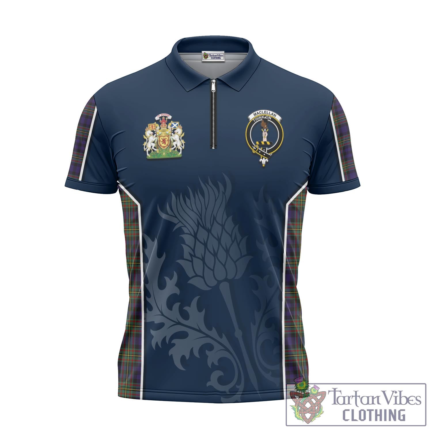 Tartan Vibes Clothing MacLellan Tartan Zipper Polo Shirt with Family Crest and Scottish Thistle Vibes Sport Style