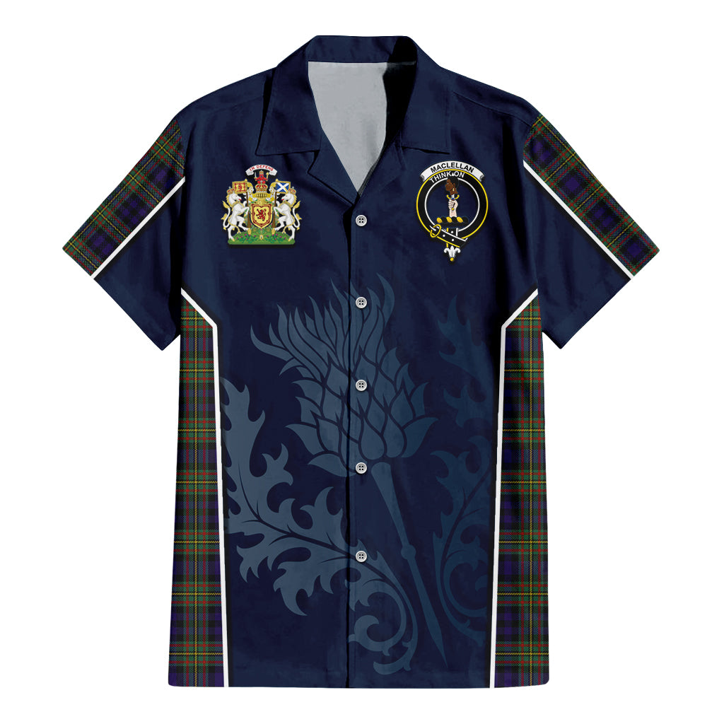 Tartan Vibes Clothing MacLellan Tartan Short Sleeve Button Up Shirt with Family Crest and Scottish Thistle Vibes Sport Style
