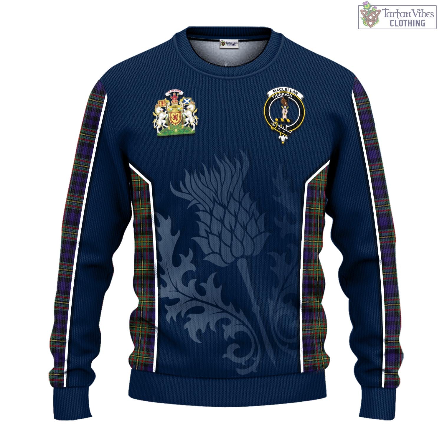 Tartan Vibes Clothing MacLellan Tartan Knitted Sweatshirt with Family Crest and Scottish Thistle Vibes Sport Style