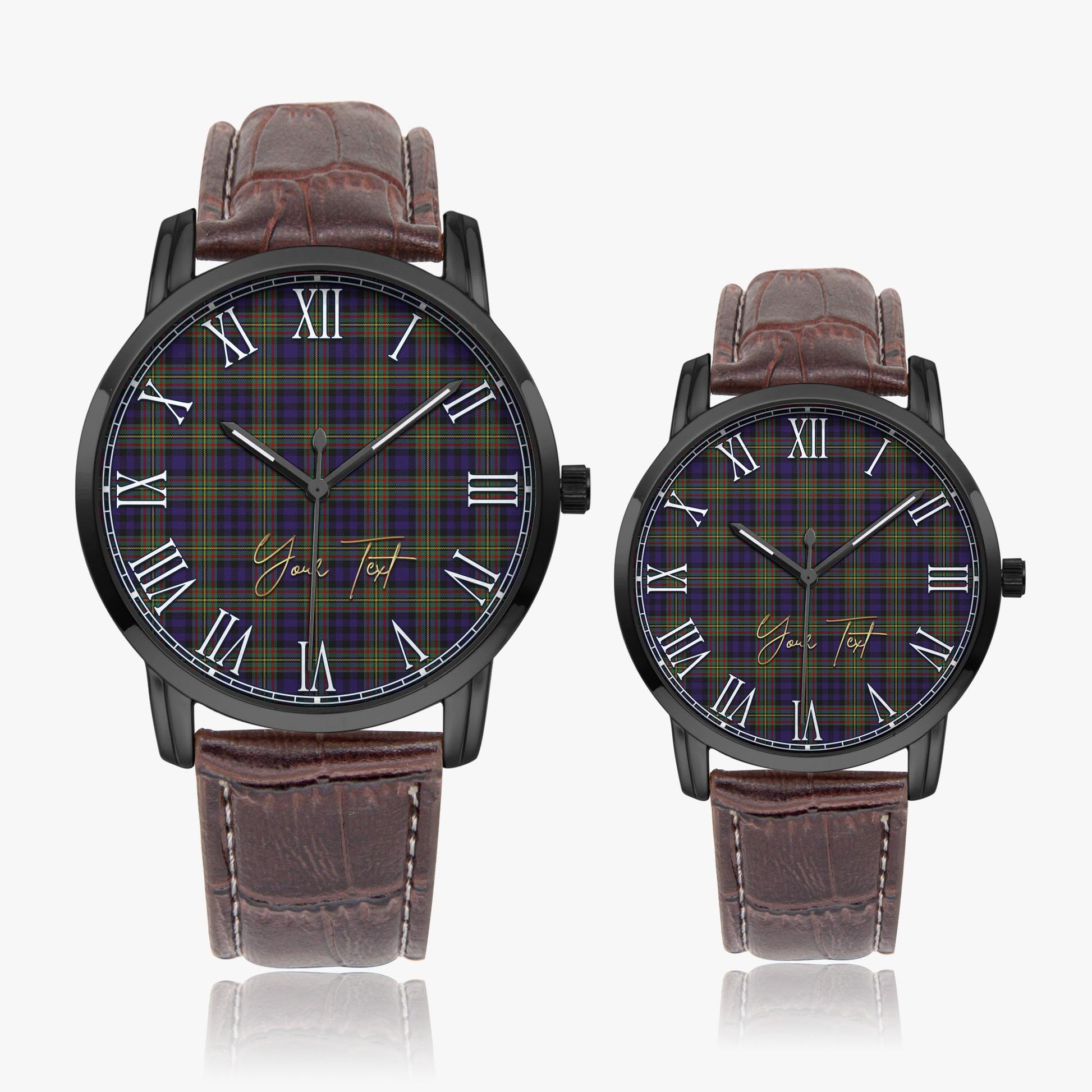 MacLellan Tartan Personalized Your Text Leather Trap Quartz Watch Wide Type Black Case With Brown Leather Strap - Tartanvibesclothing