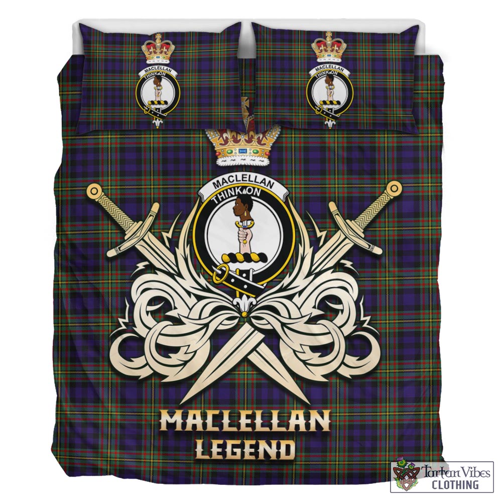 Tartan Vibes Clothing MacLellan Tartan Bedding Set with Clan Crest and the Golden Sword of Courageous Legacy