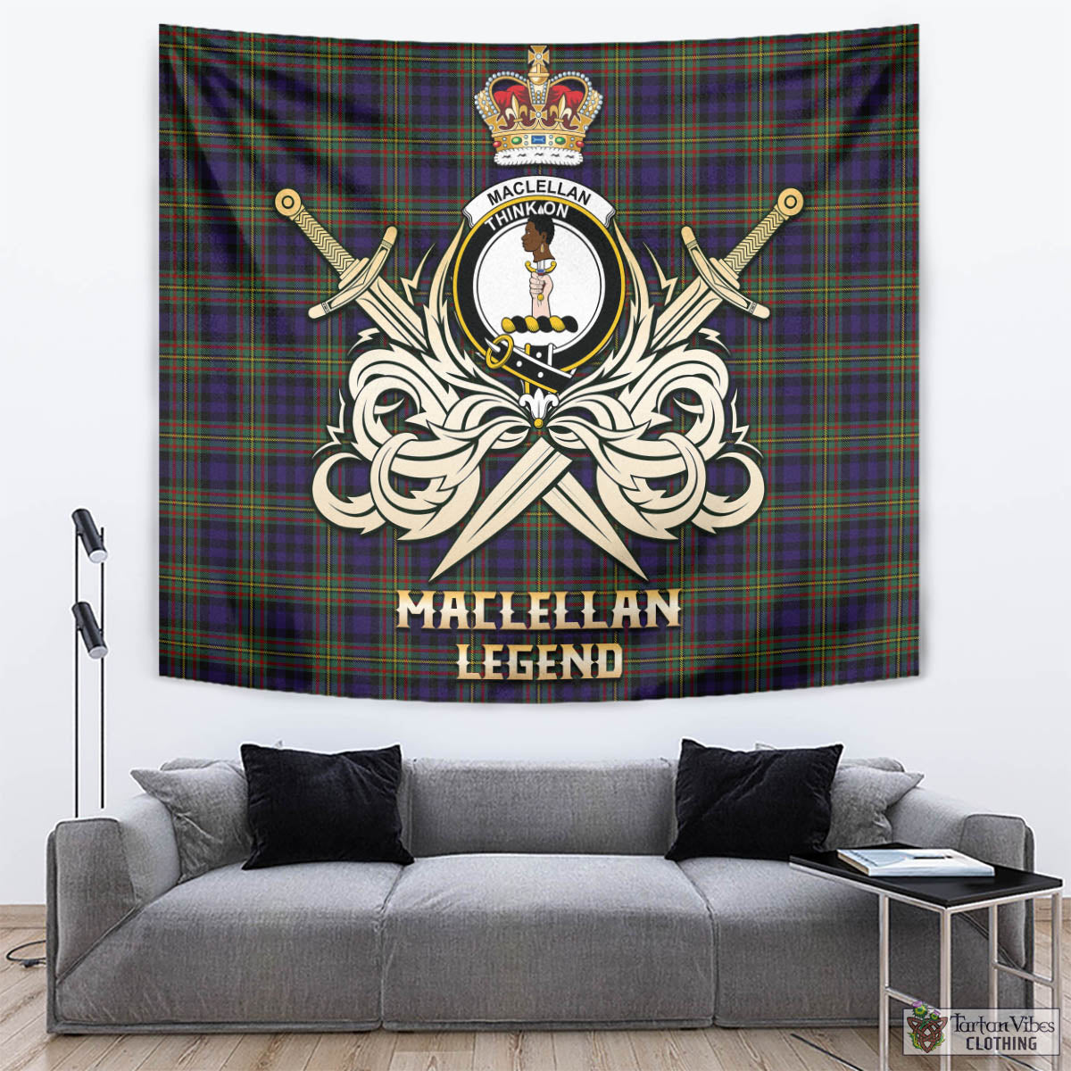 Tartan Vibes Clothing MacLellan Tartan Tapestry with Clan Crest and the Golden Sword of Courageous Legacy