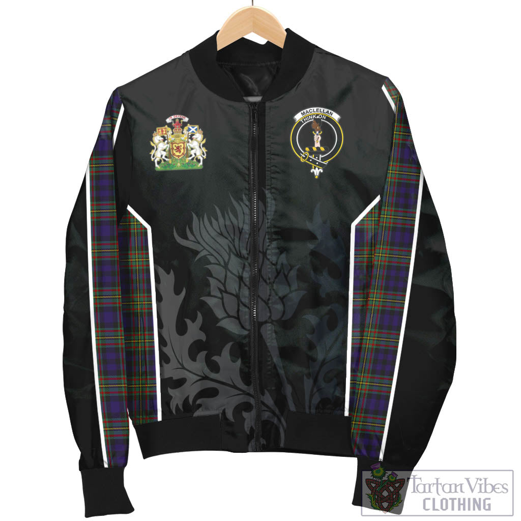 Tartan Vibes Clothing MacLellan Tartan Bomber Jacket with Family Crest and Scottish Thistle Vibes Sport Style