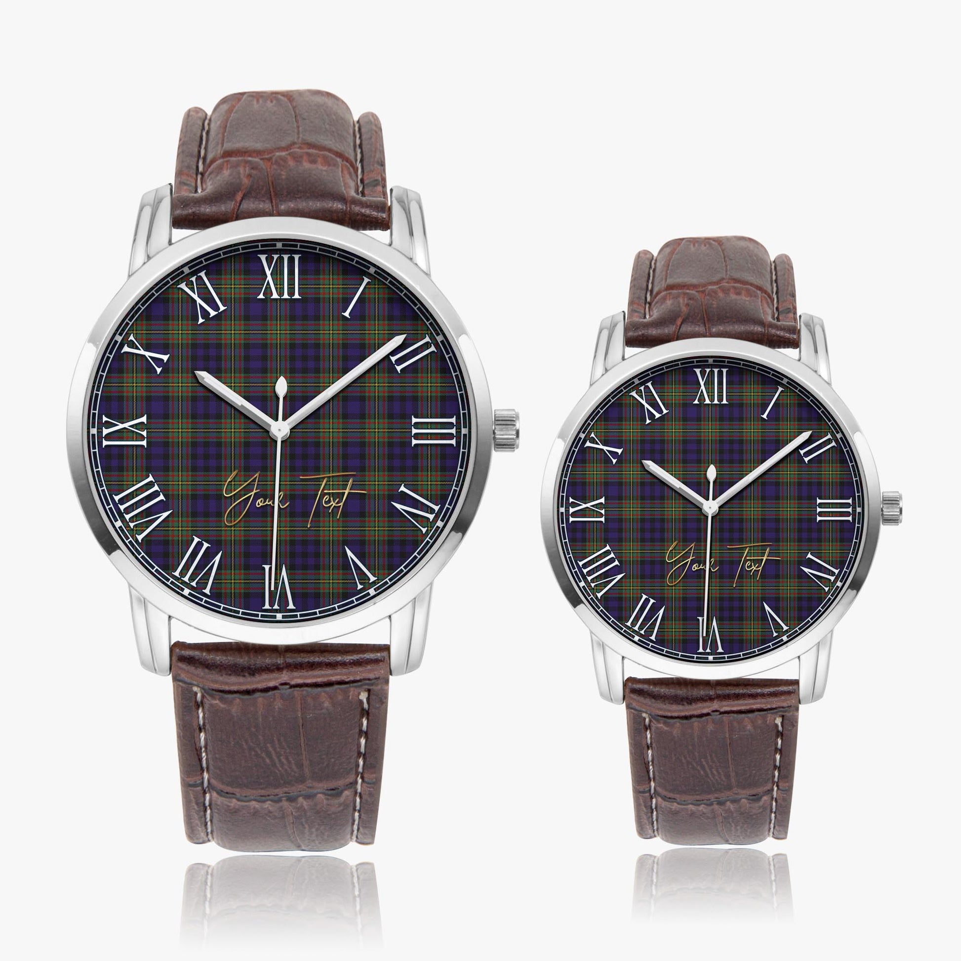 MacLellan Tartan Personalized Your Text Leather Trap Quartz Watch Wide Type Silver Case With Brown Leather Strap - Tartanvibesclothing