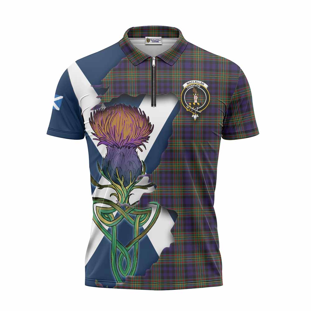 Tartan Vibes Clothing MacLellan (McLellan) Tartan Family Crest Zipper Polo Shirt Scottish Thistle Celtic Inspired
