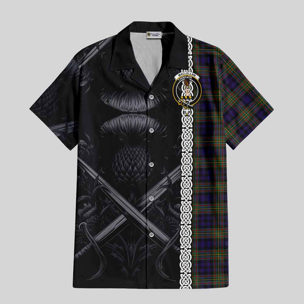 Tartan Vibes Clothing MacLellan (McLellan) Tartan Short Sleeve Button Shirt with Family Crest Cross Sword Thistle Celtic Vibes
