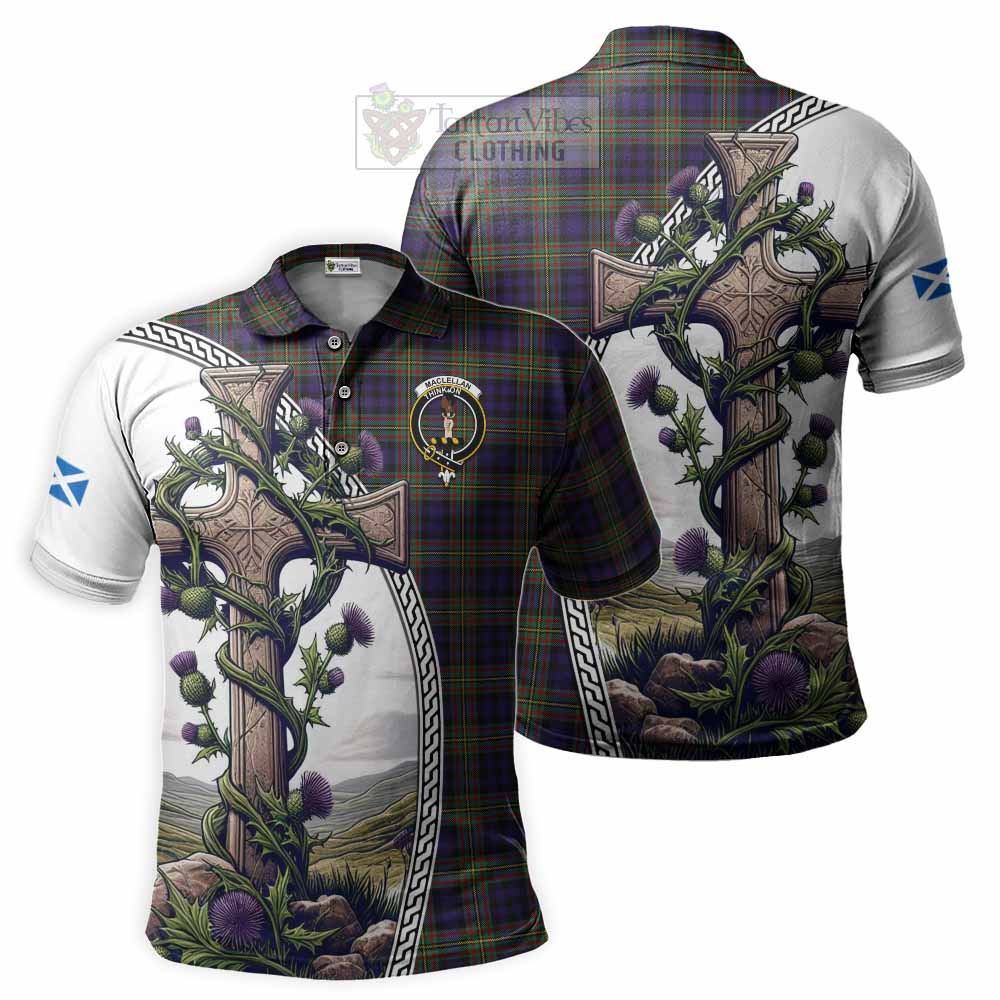 Tartan Vibes Clothing MacLellan (McLellan) Tartan Polo Shirt with Family Crest and St. Andrew's Cross Accented by Thistle Vines