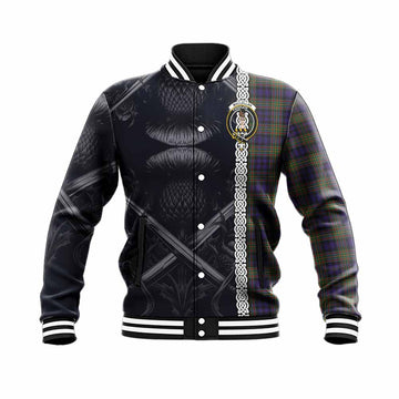 Tartan Vibes Clothing MacLellan (McLellan) Tartan Baseball Jacket with Family Crest Cross Sword Thistle Celtic Vibes