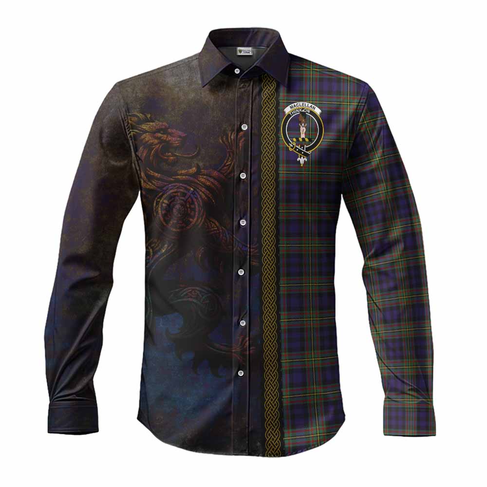 Tartan Vibes Clothing MacLellan (McLellan) Tartan Family Crest Long Sleeve Button Shirt Alba Gu Brath Be Brave Lion Ancient Style