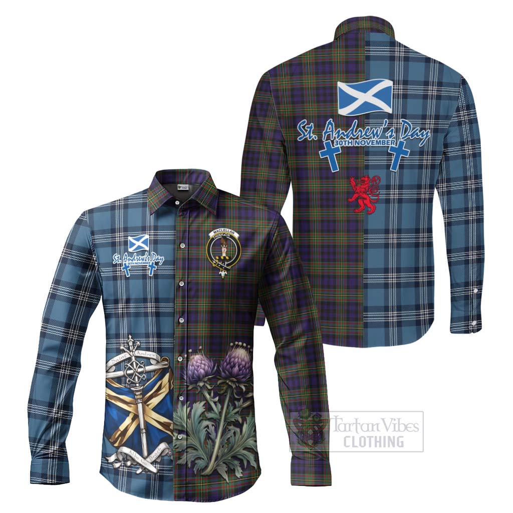 Tartan Vibes Clothing MacLellan (McLellan) Tartan Long Sleeve Button Shirt Happy St. Andrew's Day Half Tartan Style