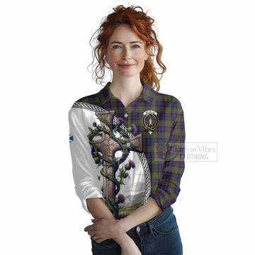 MacLellan (McLellan) Tartan Women's Casual Shirt with Family Crest and St. Andrew's Cross Accented by Thistle Vines