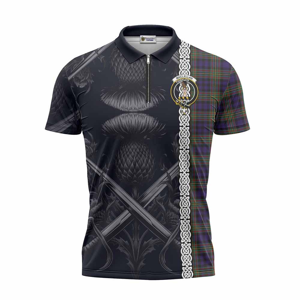 Tartan Vibes Clothing MacLellan (McLellan) Tartan Zipper Polo Shirt with Family Crest Cross Sword Thistle Celtic Vibes