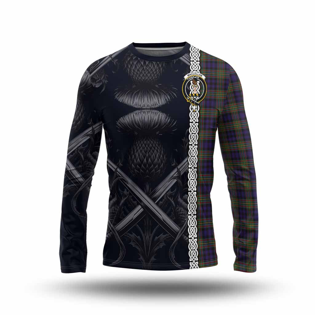 Tartan Vibes Clothing MacLellan (McLellan) Tartan Long Sleeve T-Shirt with Family Crest Cross Sword Thistle Celtic Vibes