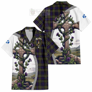 Tartan Vibes Clothing MacLellan (McLellan) Tartan Short Sleeve Button Shirt with Family Crest and St. Andrew's Cross Accented by Thistle Vines