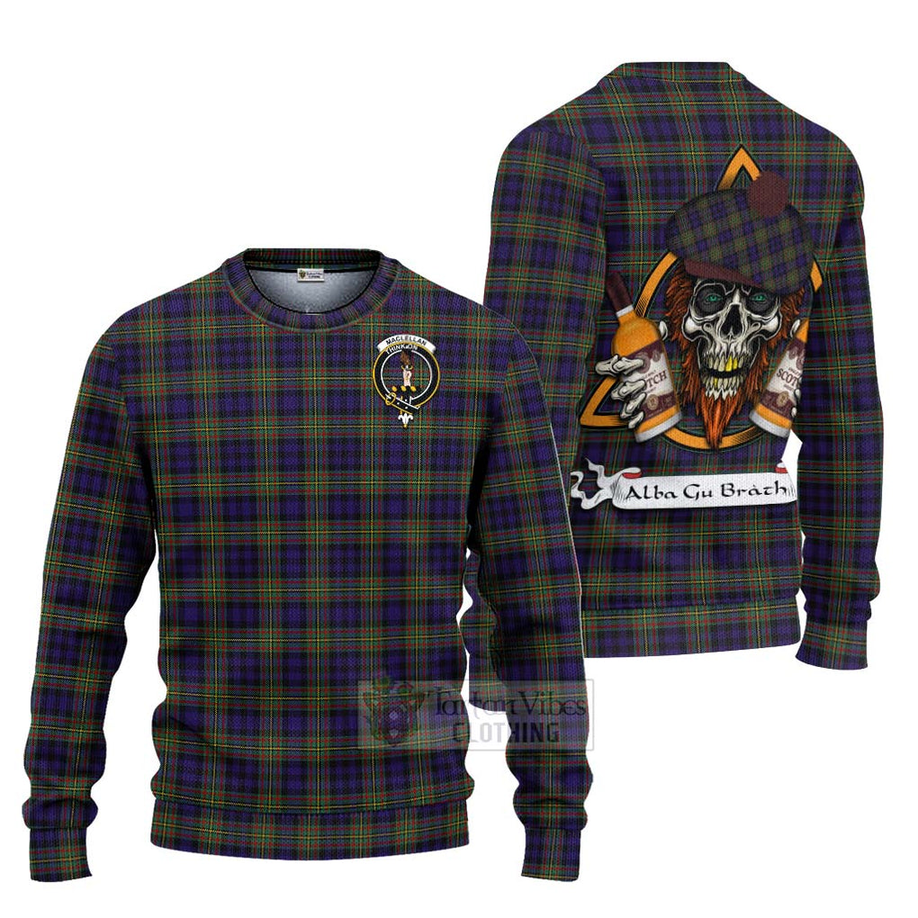 Tartan Vibes Clothing MacLellan (McLellan) Tartan Knitted Sweater with Family Crest and Bearded Skull Holding Bottles of Whiskey