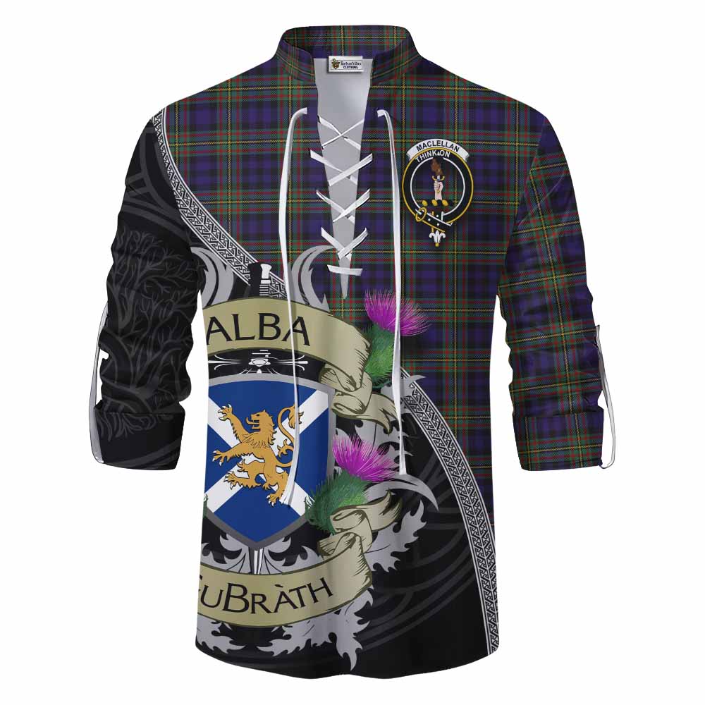Tartan Vibes Clothing MacLellan (McLellan) Tartan Family Crest Ghillie Kilt Shirt Lion Rampant Royal Thistle Shield Celtic Inspired