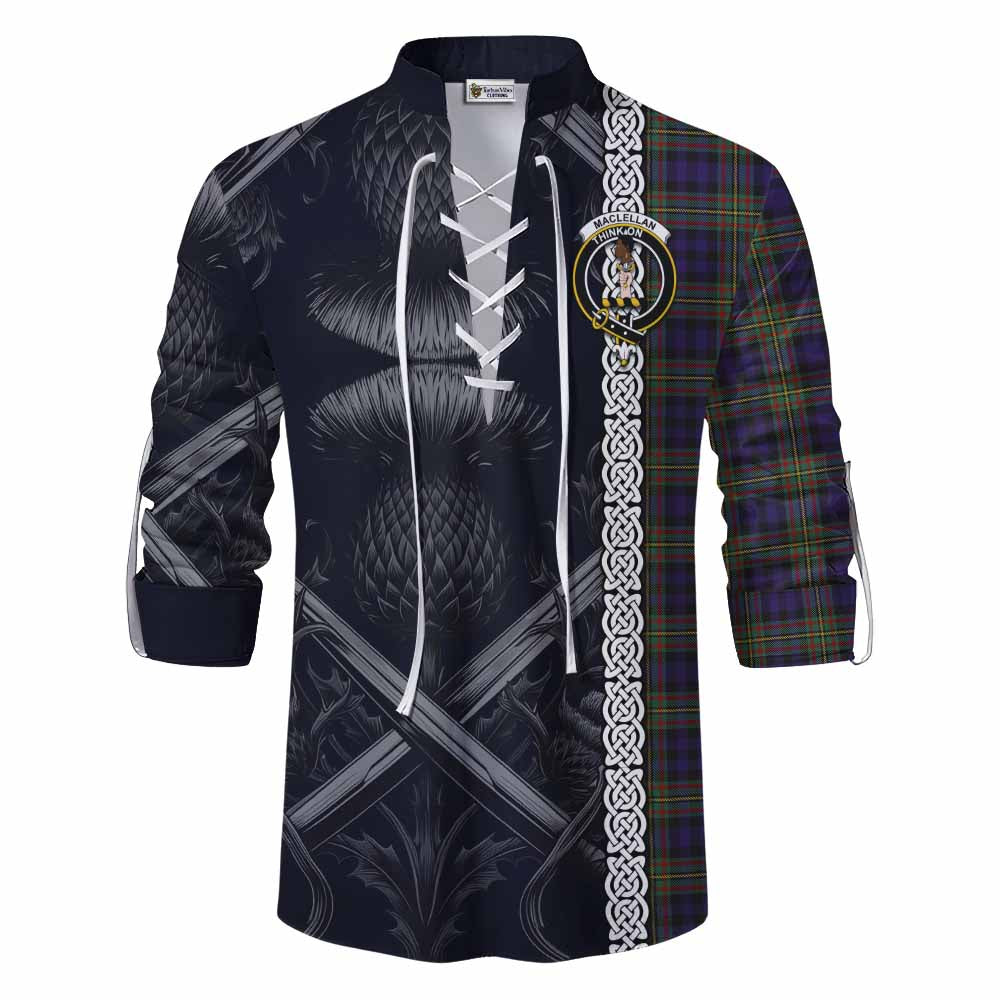 Tartan Vibes Clothing MacLellan (McLellan) Tartan Ghillie Kilt Shirt with Family Crest Cross Sword Thistle Celtic Vibes
