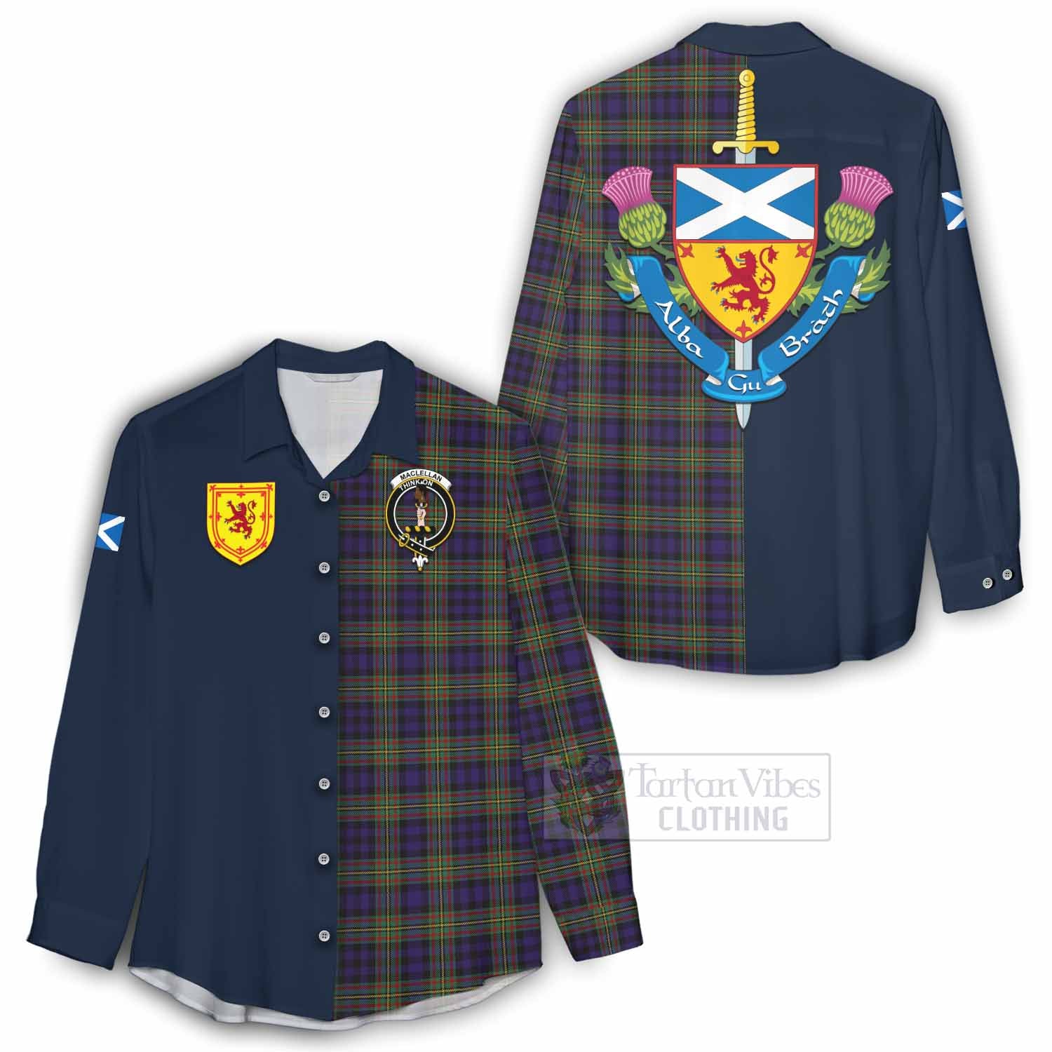 Tartan Vibes Clothing MacLellan (McLellan) Tartan Women's Casual Shirt Alba with Scottish Lion Royal Arm Half Style