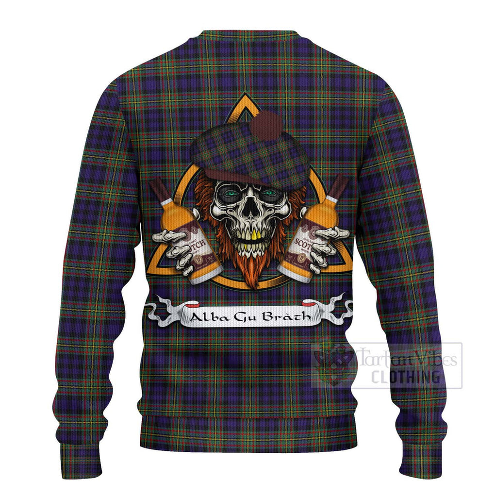 Tartan Vibes Clothing MacLellan (McLellan) Tartan Knitted Sweater with Family Crest and Bearded Skull Holding Bottles of Whiskey