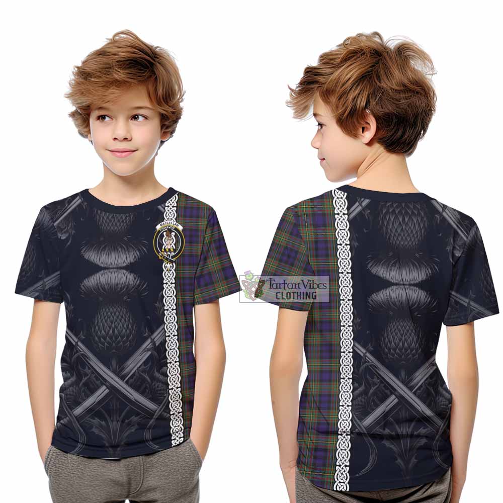 Tartan Vibes Clothing MacLellan (McLellan) Tartan Kid T-Shirt with Family Crest Cross Sword Thistle Celtic Vibes