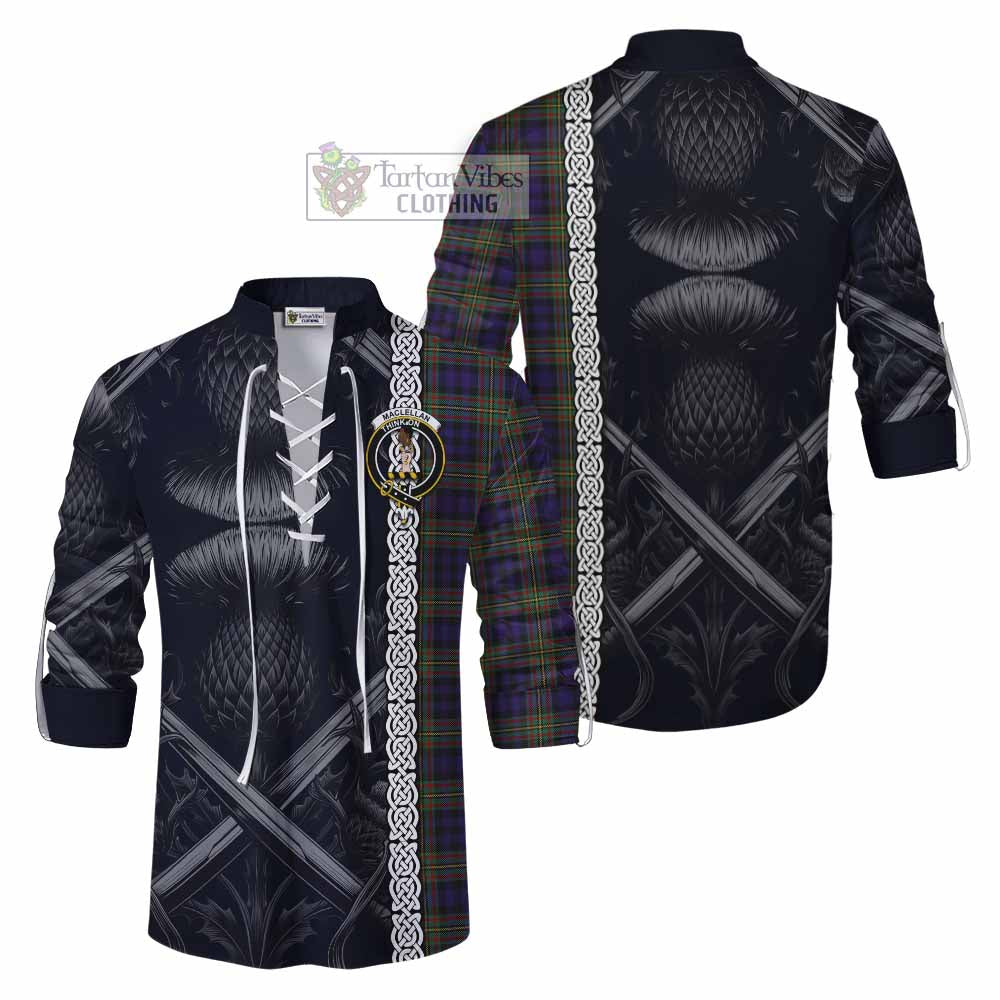Tartan Vibes Clothing MacLellan (McLellan) Tartan Ghillie Kilt Shirt with Family Crest Cross Sword Thistle Celtic Vibes