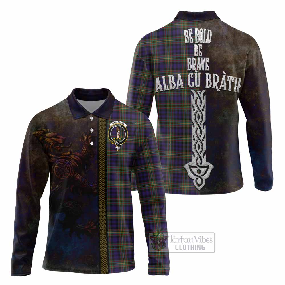 Tartan Vibes Clothing MacLellan (McLellan) Tartan Family Crest Long Sleeve Polo Shirt Alba Gu Brath Be Brave Lion Ancient Style