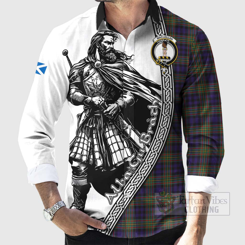 Tartan Vibes Clothing MacLellan (McLellan) Tartan Clan Crest Long Sleeve Button Shirt with Highlander Warrior Celtic Style