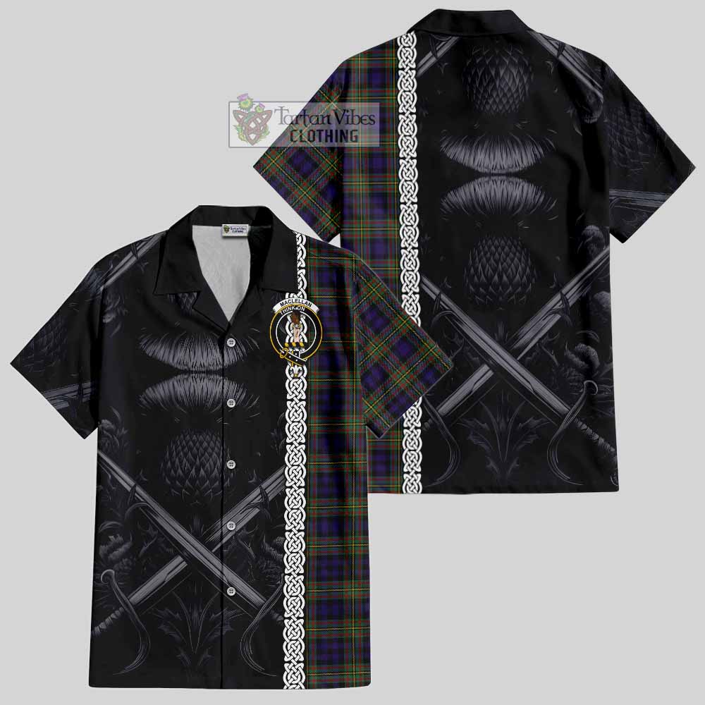 Tartan Vibes Clothing MacLellan (McLellan) Tartan Short Sleeve Button Shirt with Family Crest Cross Sword Thistle Celtic Vibes