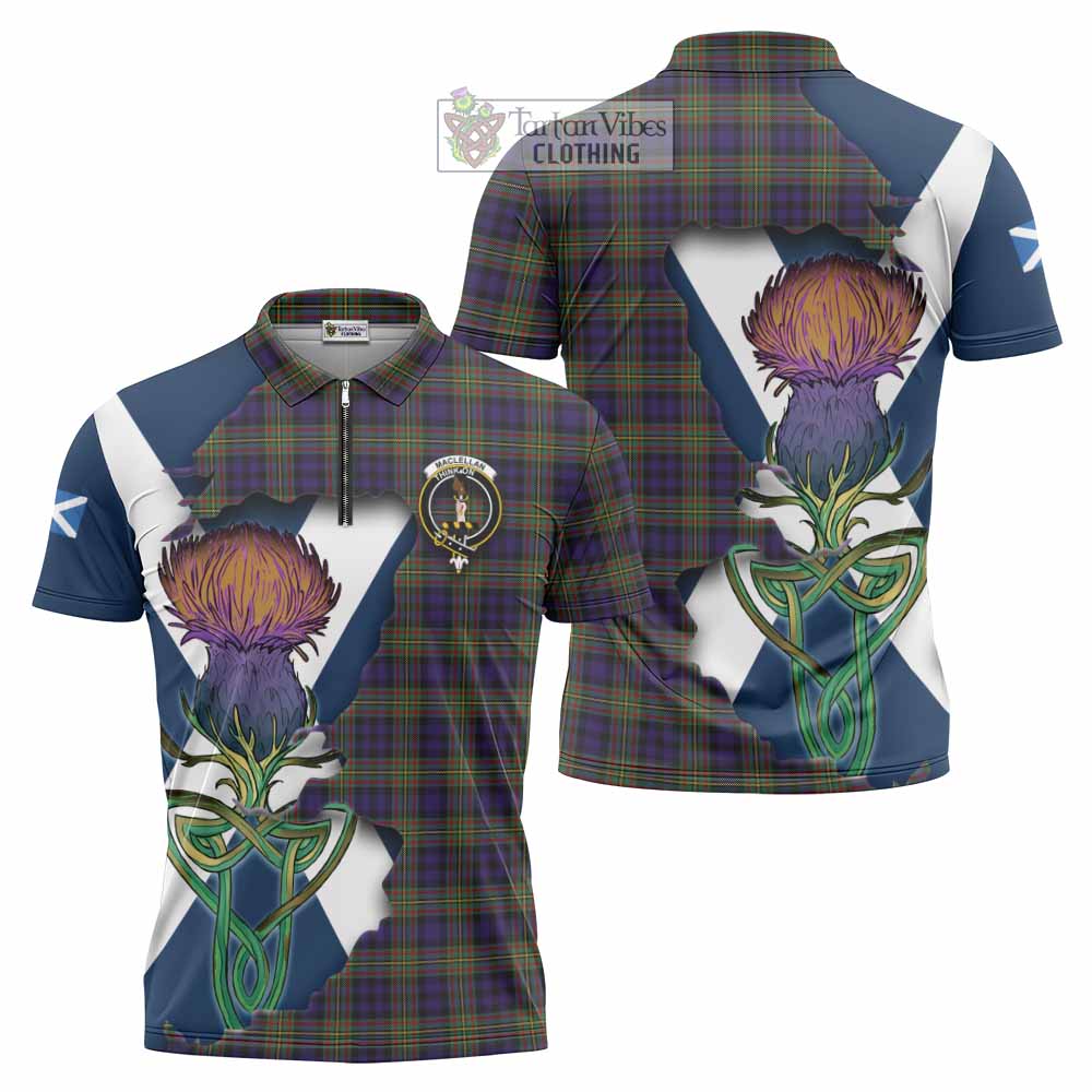 Tartan Vibes Clothing MacLellan (McLellan) Tartan Family Crest Zipper Polo Shirt Scottish Thistle Celtic Inspired