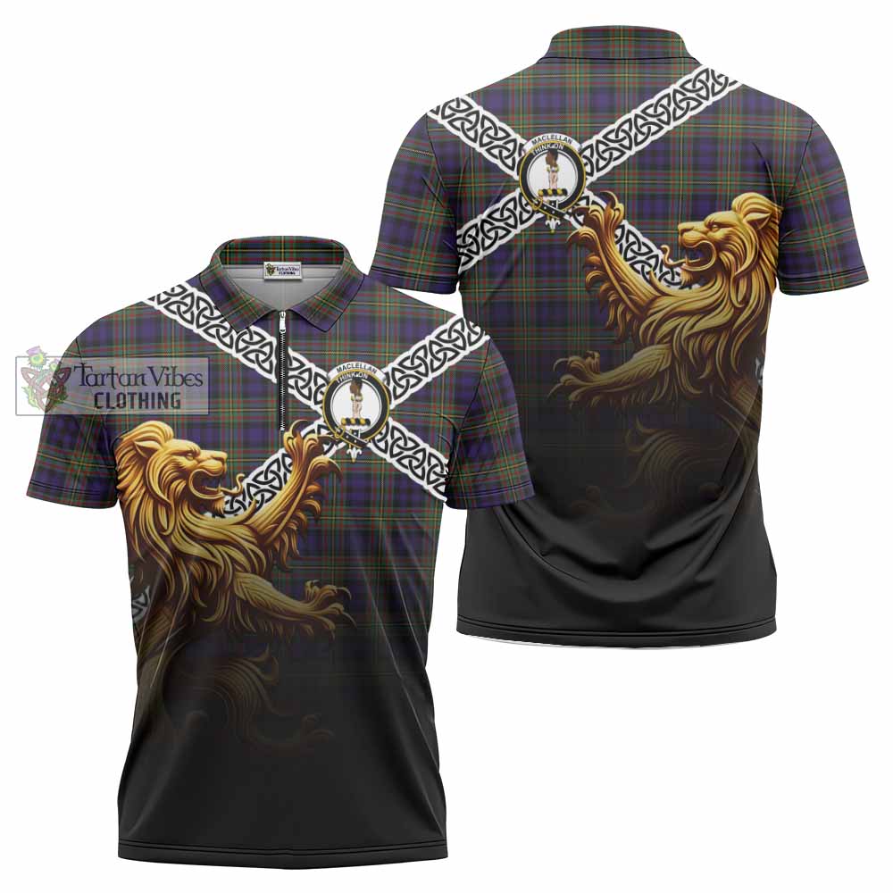 Tartan Vibes Clothing MacLellan (McLellan) Crest Tartan Zipper Polo Shirt with Golden Lion Emblem Celtic Style