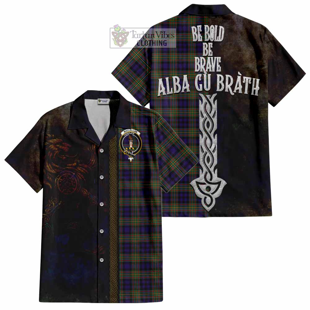 Tartan Vibes Clothing MacLellan (McLellan) Tartan Family Crest Short Sleeve Button Shirt Alba Gu Brath Be Brave Lion Ancient Style