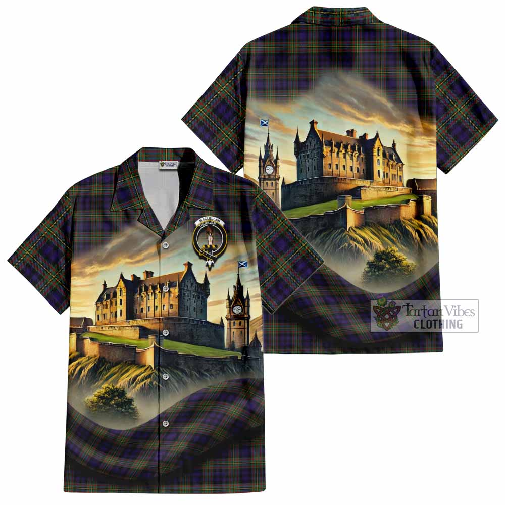 Tartan Vibes Clothing MacLellan (McLellan) Tartan Family Crest Short Sleeve Button Shirt with Scottish Ancient Castle Style
