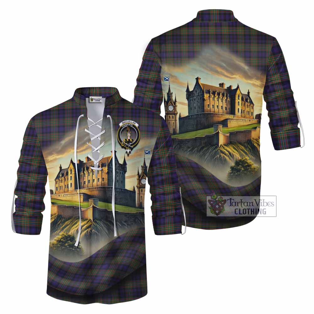 Tartan Vibes Clothing MacLellan (McLellan) Tartan Family Crest Ghillie Kilt Shirt with Scottish Ancient Castle Style