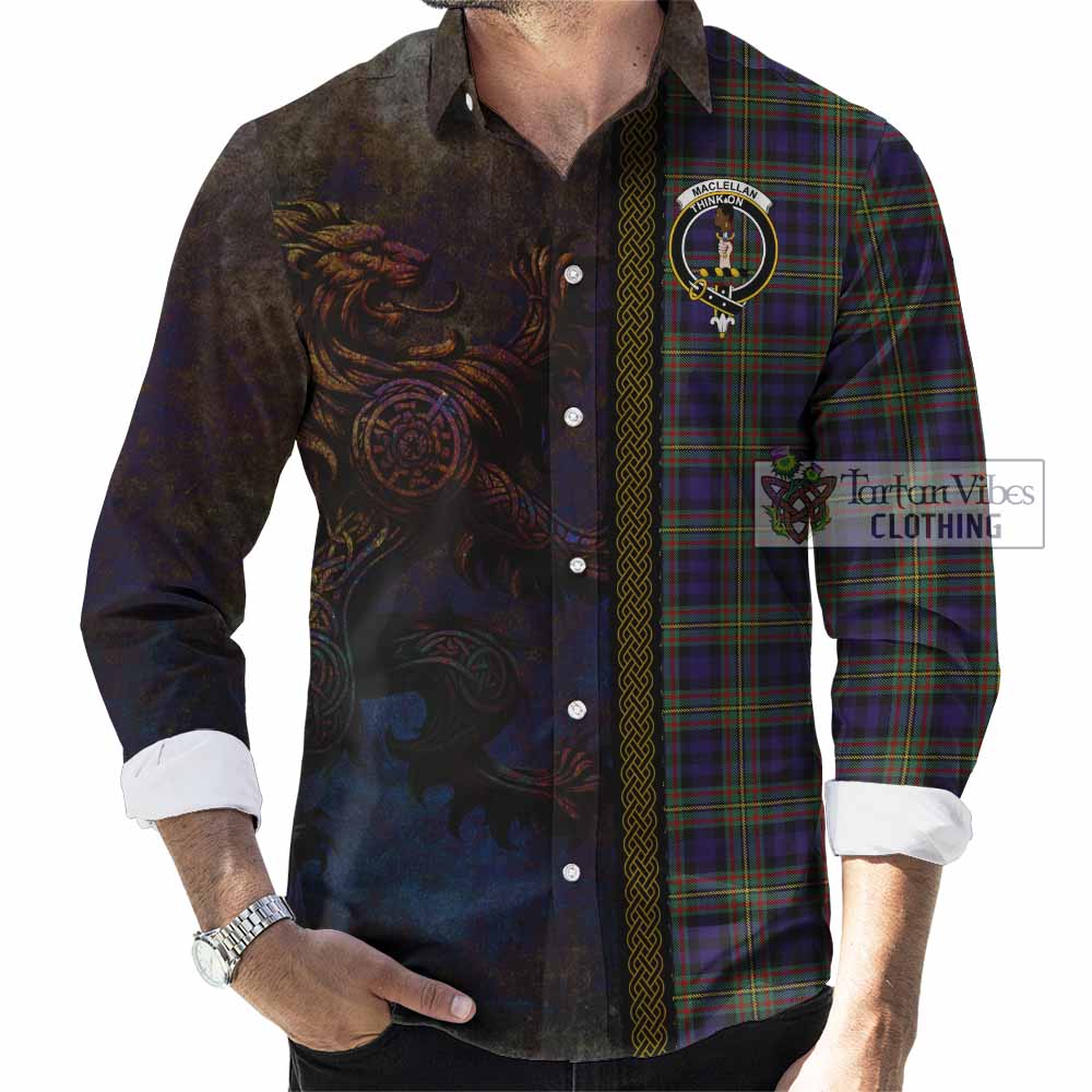 Tartan Vibes Clothing MacLellan (McLellan) Tartan Family Crest Long Sleeve Button Shirt Alba Gu Brath Be Brave Lion Ancient Style