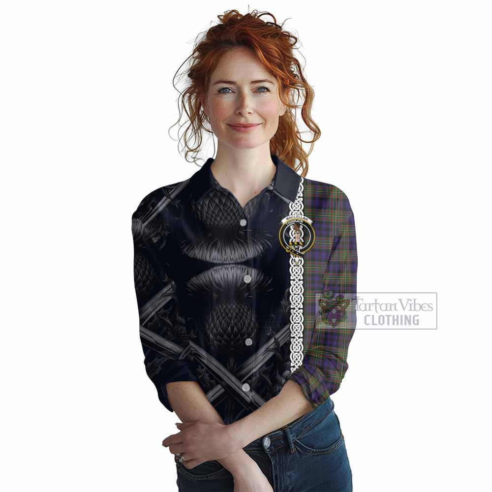 Tartan Vibes Clothing MacLellan (McLellan) Tartan Women's Casual Shirt with Family Crest Cross Sword Thistle Celtic Vibes