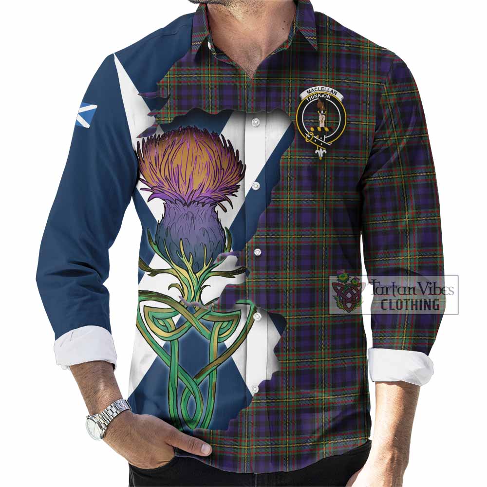 Tartan Vibes Clothing MacLellan (McLellan) Tartan Family Crest Long Sleeve Button Shirt Scottish Thistle Celtic Inspired