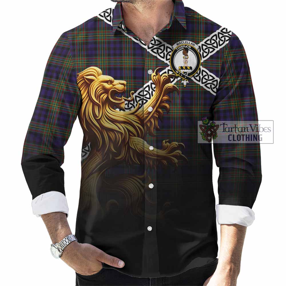 Tartan Vibes Clothing MacLellan (McLellan) Crest Tartan Long Sleeve Button Shirt with Golden Lion Emblem Celtic Style