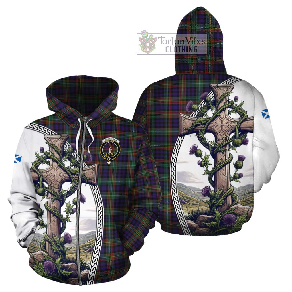 Tartan Vibes Clothing MacLellan (McLellan) Tartan Cotton Hoodie with Family Crest and St. Andrew's Cross Accented by Thistle Vines