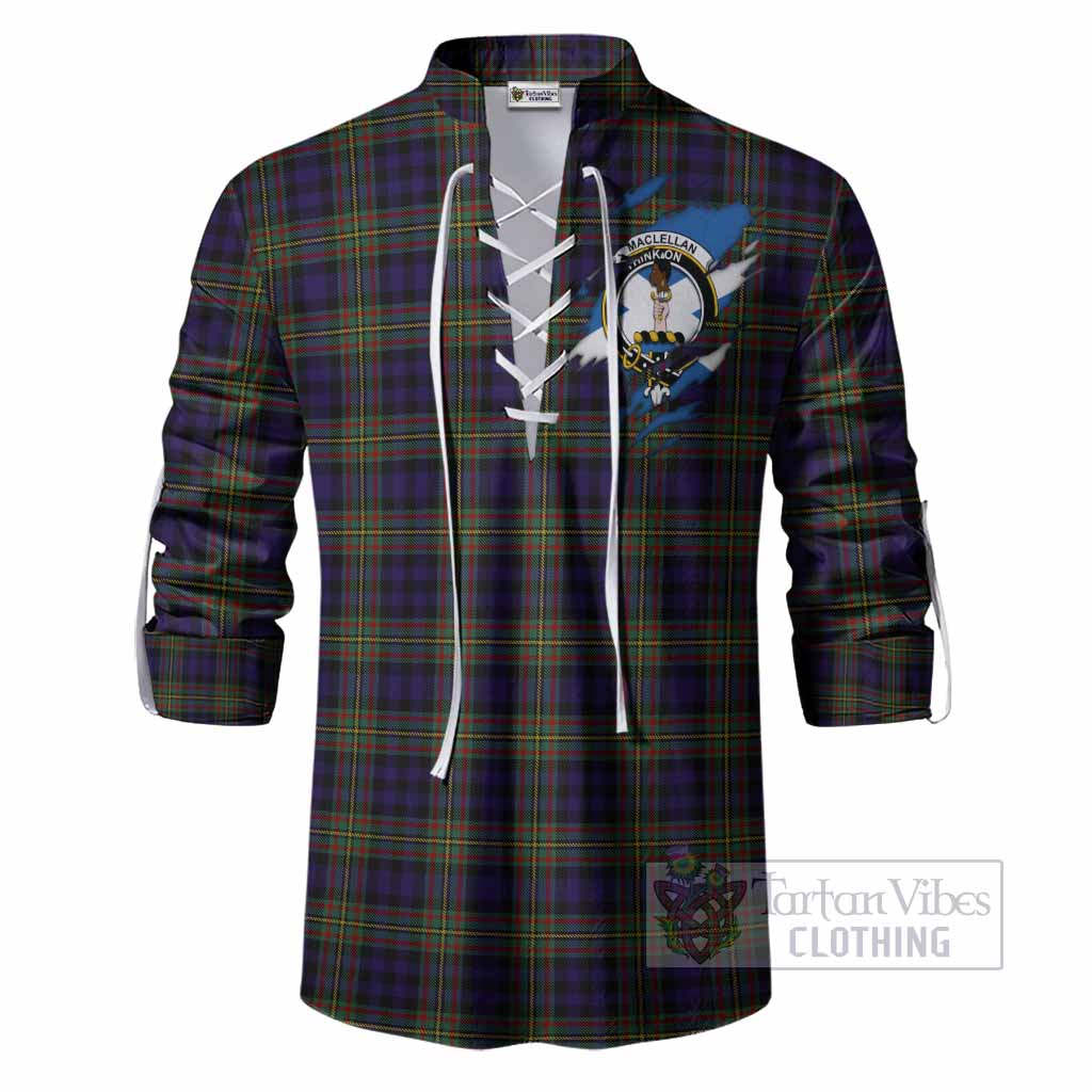 MacLellan (McLellan) Clan Crest In Me Tartan Ghillie Shirt Scotland Flag Style